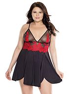 Romantisches Babydoll, Stickerei, Schlitz, Mesh-Einlage, Plus Size